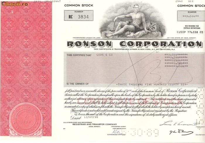 469 Actiuni - RONSON CORPORATION -seria RC 3834 469 Actiuni - RONSON CORPORATION -seria RC 3834