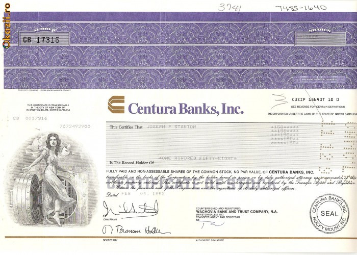 483 Actiuni - Centura Banks, Ink. -seria CB 17316