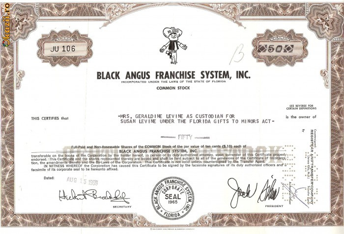 548 Actiuni -Black Angus Franchise System, Inc. -seria JU 106