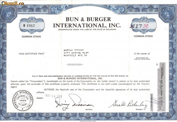 478 Actiuni - Bun &amp;amp; Burger International, Inc. -seria B 1042