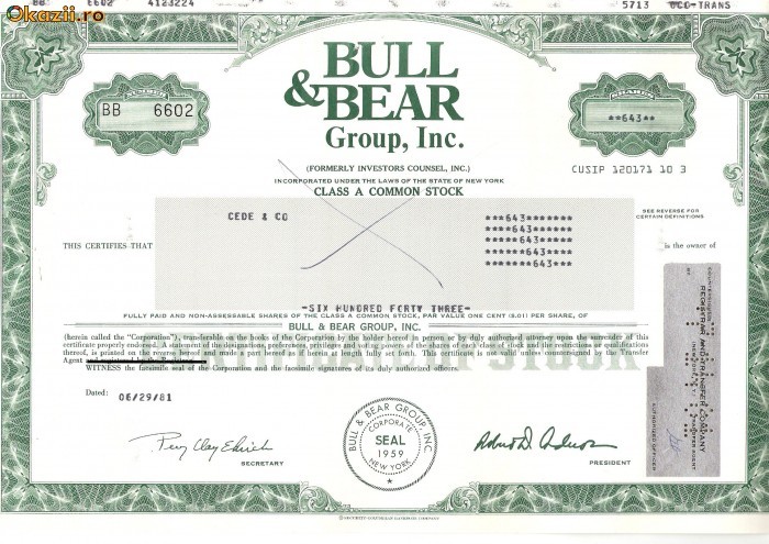 511 Actiuni -BULL &amp;amp; BEAR Group, Inc. -seria BB 6602