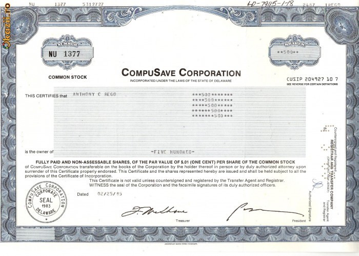 546 Actiuni -CompuSave Corporation -seria NU 1377