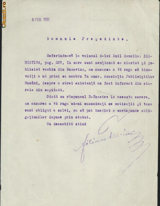 Semnatura pe document a scriitorului bucovinean Filimon Taniac , 1935