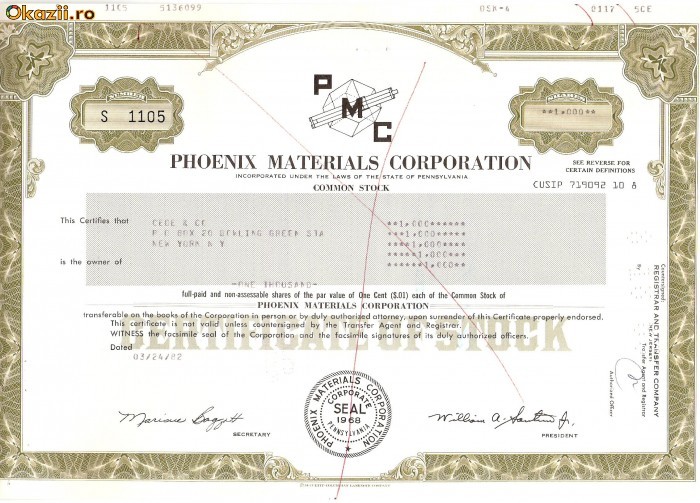509 Actiuni -Phoenix Materials Corporation -seria S 1105 509 Actiuni -Phoenix Materials Corporation -seria S 1105