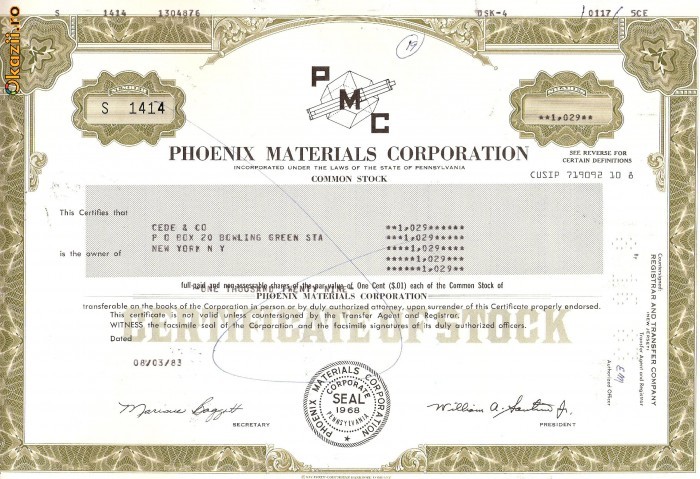 507 Actiuni -Phoenix Materials Corporation -seria S 1414