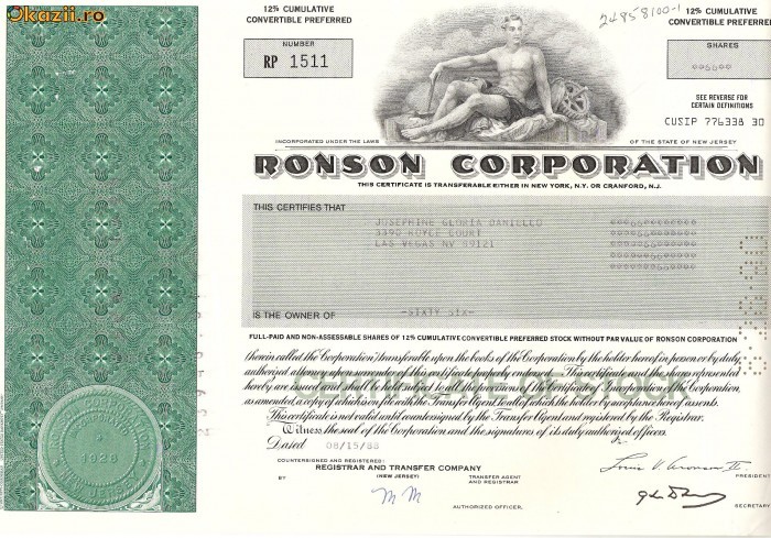 473 Actiuni - RONSON CORPORATION -seria RP 1511 473 Actiuni - RONSON CORPORATION -seria RP 1511