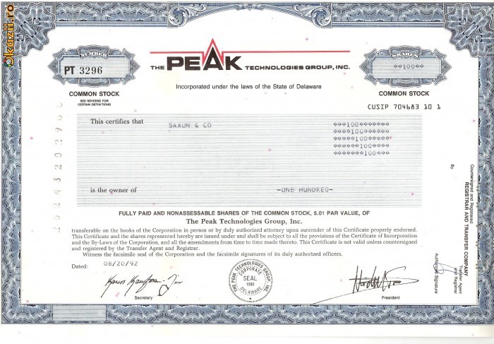 457 Actiuni -The Peak Technologies Group, INC. -seria PT 3296 457 Actiuni -The Peak Technologies Group, INC. -seria PT 3296