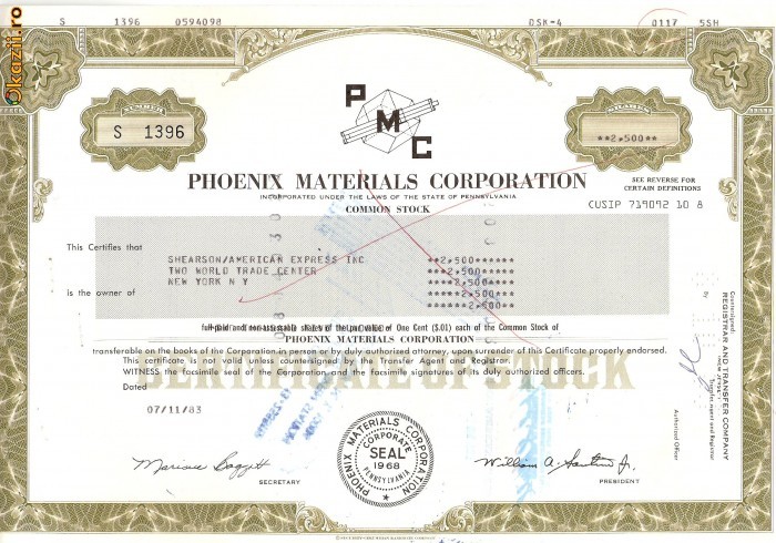 505 Actiuni -Phoenix Materials Corporation -seria S 1396 505 Actiuni -Phoenix Materials Corporation -seria S 1396