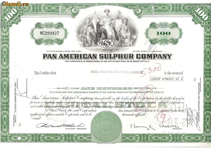 538 Actiuni -Pan American Sulphur Company -seria NC299427