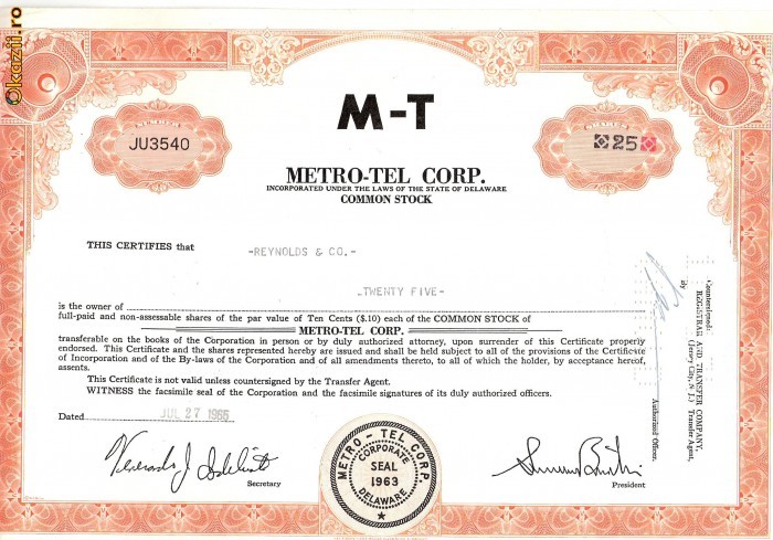 499 Actiuni -METRO-TEL CORP. -seria JU 3540