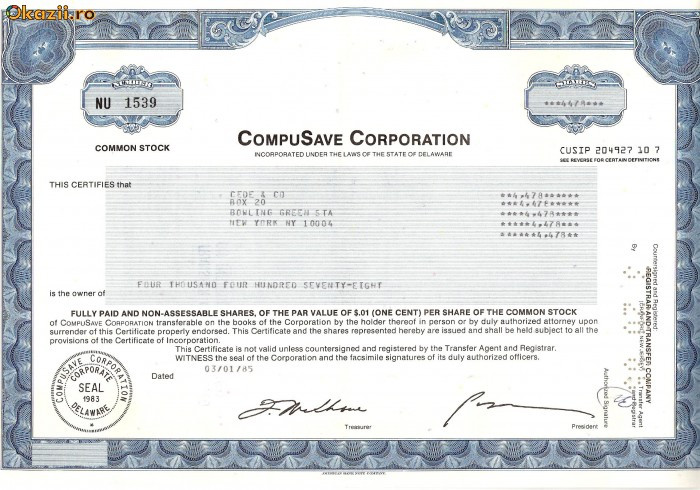 545 Actiuni -CompuSave Corporation -seria NU 1539