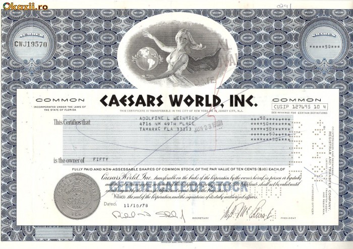 465 Actiuni - CAESARS WORLD, INC.-seria CWJ 19570 465 Actiuni - CAESARS WORLD, INC.-seria CWJ 19570