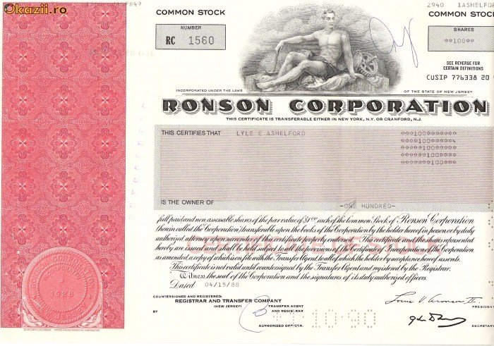474 Actiuni - RONSON CORPORATION -seria RC 1560 474 Actiuni - RONSON CORPORATION -seria RC 1560