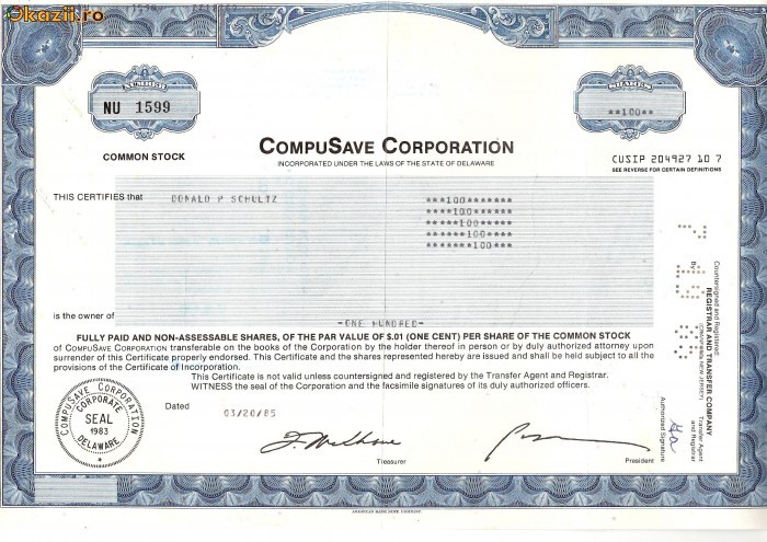 544 Actiuni -CompuSave Corporation -seria NU 1599