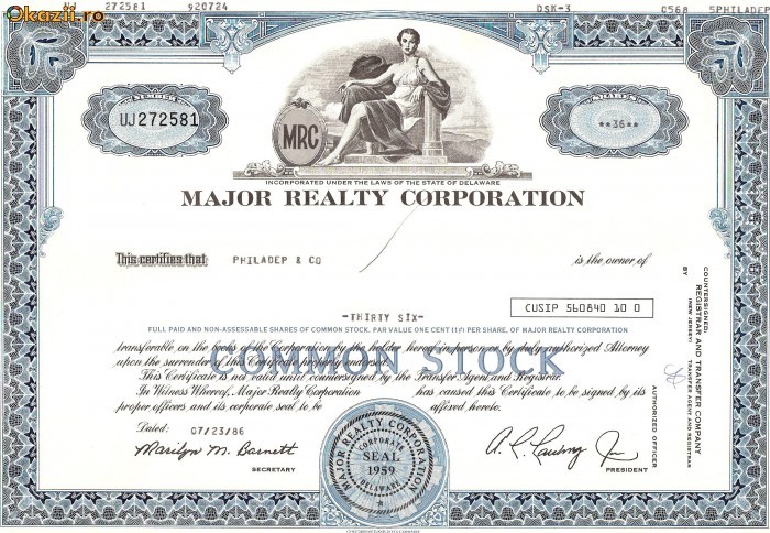 526 Actiuni -MAJOR REALTY CORPORATION -seria UJ 272581