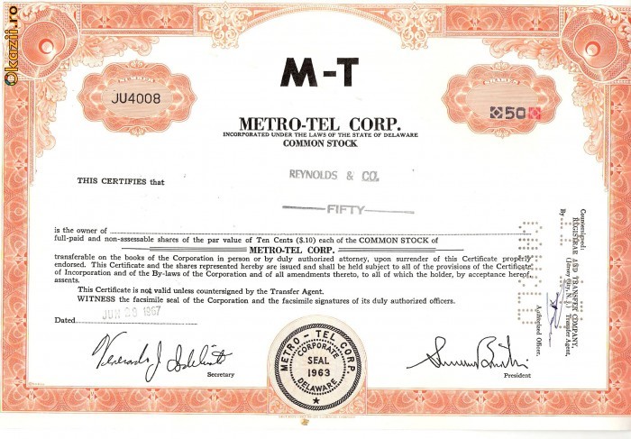 498 Actiuni -METRO-TEL CORP. -seria JU 4008 498 Actiuni -METRO-TEL CORP. -seria JU 4008