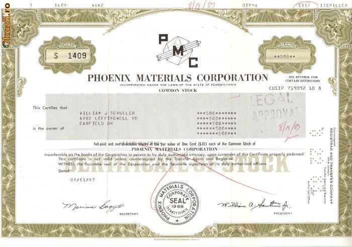 508 Actiuni -Phoenix Materials Corporation -seria S 1409