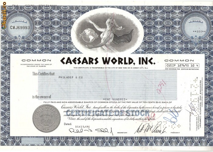 464 Actiuni - CAESARS WORLD, INC.-seria CWJ 69993