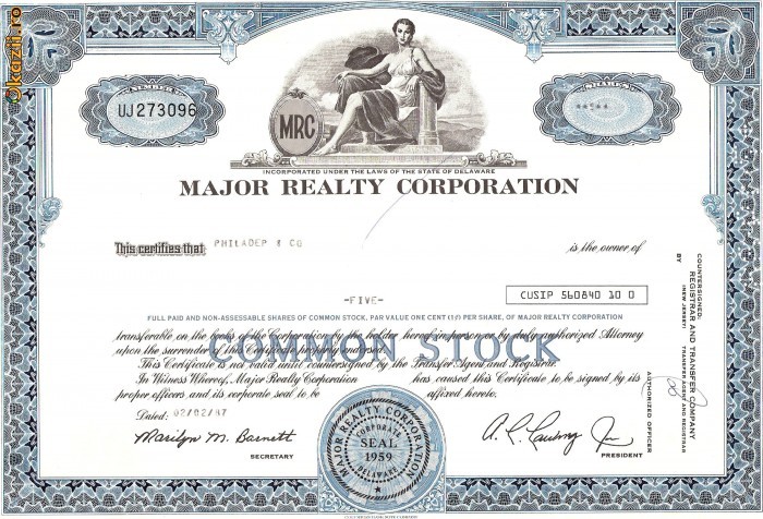 520 Actiuni -MAJOR REALTY CORPORATION -seria UJ 273096