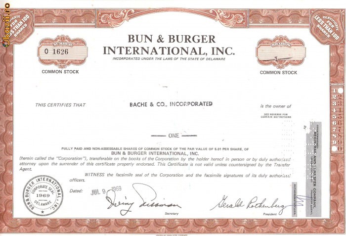 476 Actiuni - Bun & Burger International, Inc. -seria O 1626 476 Actiuni - Bun & Burger International, Inc. -seria O 1626