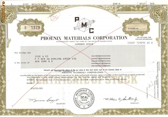 510 Actiuni -Phoenix Materials Corporation -seria S 1379