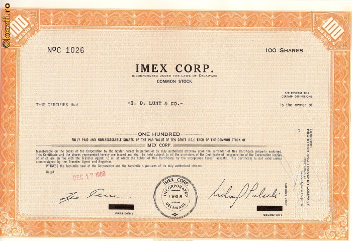 647 Actiuni -IMEX CORP. -seria C 1026 647 Actiuni -IMEX CORP. -seria C 1026