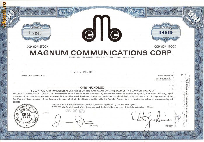 585 Actiuni -Magnum Communications Corp. -seria J 3345