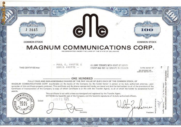 586 Actiuni -Magnum Communications Corp. -seria J 3445