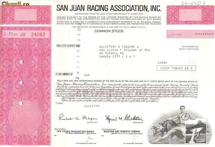 639 Actiuni -San Juan Racing Association, Inc. -seria JU 24062 639 Actiuni -San Juan Racing Association, Inc. -seria JU 24062
