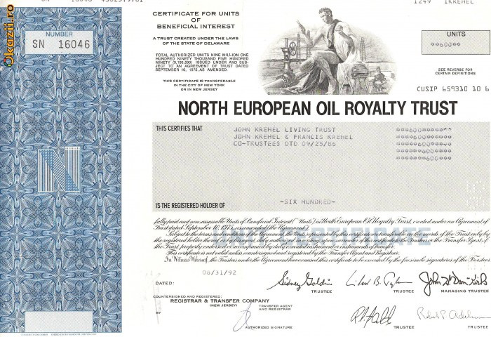 630 Actiuni -North European Oil Royalty Trust -seria SN 16046