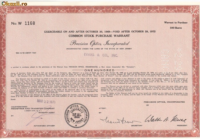575 Actiuni -Precision Optics Incorporated -seria W 1168 575 Actiuni -Precision Optics Incorporated -seria W 1168