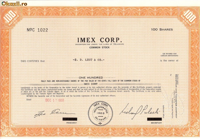 650 Actiuni -IMEX CORP. -seria C 1022 650 Actiuni -IMEX CORP. -seria C 1022