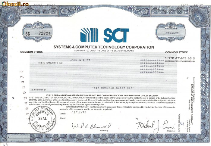 598 Actiuni -Systems &amp;amp; Computer Technology Corporation -seriaSC22224