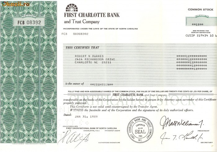 589 Actiuni -FIRST CHARLOTTE BANK -seria FCB 08392