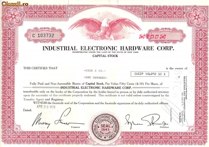 568 Actiuni -Industrial Electronic Hardware Corp. -seria C 103732