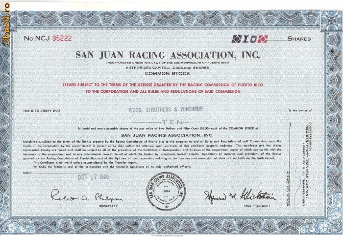 643 Actiuni -San Juan Racing Association, Inc. -seria NCJ 35222