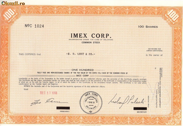 646 Actiuni -IMEX CORP. -seria C 1024 646 Actiuni -IMEX CORP. -seria C 1024