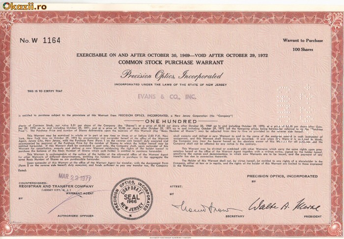 574 Actiuni -Precision Optics Incorporated -seria W 1164 574 Actiuni -Precision Optics Incorporated -seria W 1164