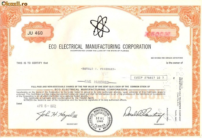612 Actiuni -Eco Electrical Manufacturing Corporation -seria JU 460