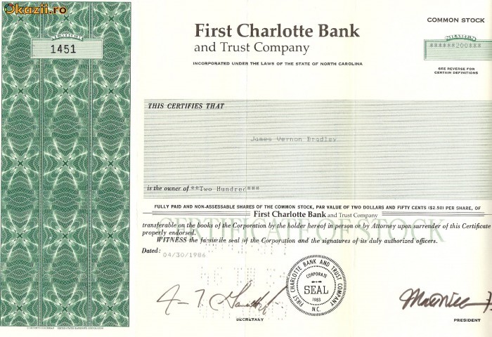 594 Actiuni -FIRST CHARLOTTE BANK -seria 1451