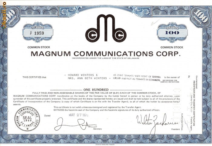 584 Actiuni -Magnum Communications Corp. -seria J 1959