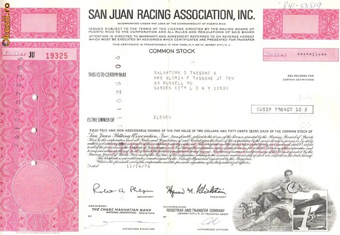 642 Actiuni -San Juan Racing Association, Inc. -seria JU 19325 642 Actiuni -San Juan Racing Association, Inc. -seria JU 19325