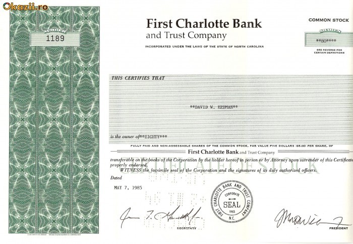 596 Actiuni -FIRST CHARLOTTE BANK -seria 1189