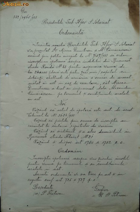 Ordonanta de ipoteca, Bucuresti, 1923