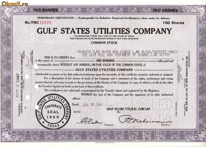 651 Actiuni -Gulf States Utilities Company -seria TNC 18270 651 Actiuni -Gulf States Utilities Company -seria TNC 18270