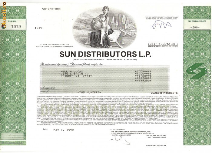555 Actiuni -SUN DISTRIBUITORS L.P. -seria B 1919