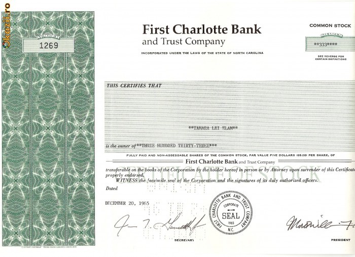 597 Actiuni -FIRST CHARLOTTE BANK -seria 1269 597 Actiuni -FIRST CHARLOTTE BANK -seria 1269