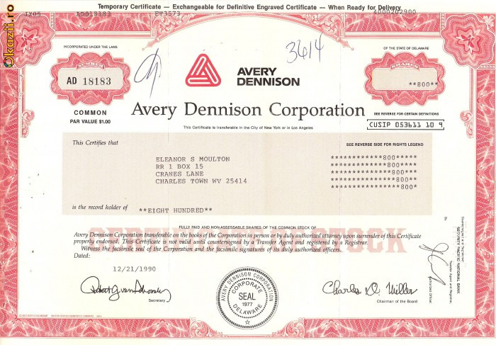 739 Actiuni -Avery Dennison Corporation -seria AD 18183