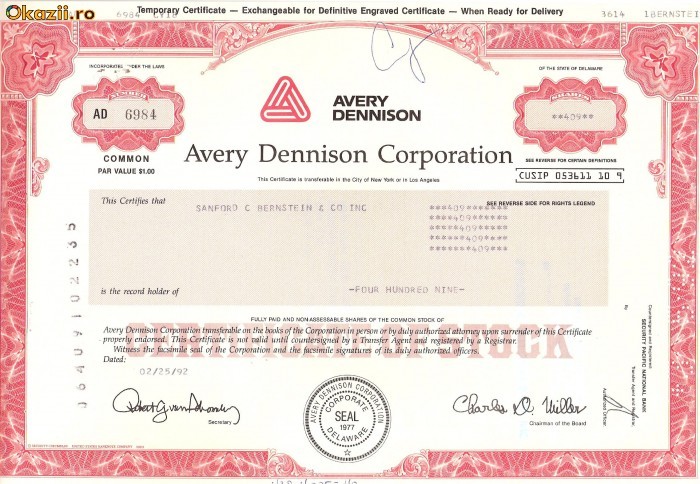 738 Actiuni -Avery Dennison Corporation -seria AD 6984 738 Actiuni -Avery Dennison Corporation -seria AD 6984