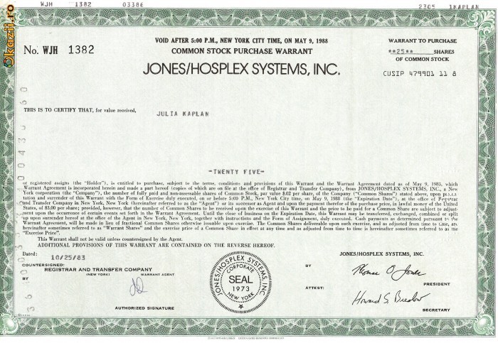 734 Actiuni -JONES/HOSPLEX SYSTEMS, INC. -seria WJH 1382 734 Actiuni -JONES/HOSPLEX SYSTEMS, INC. -seria WJH 1382
